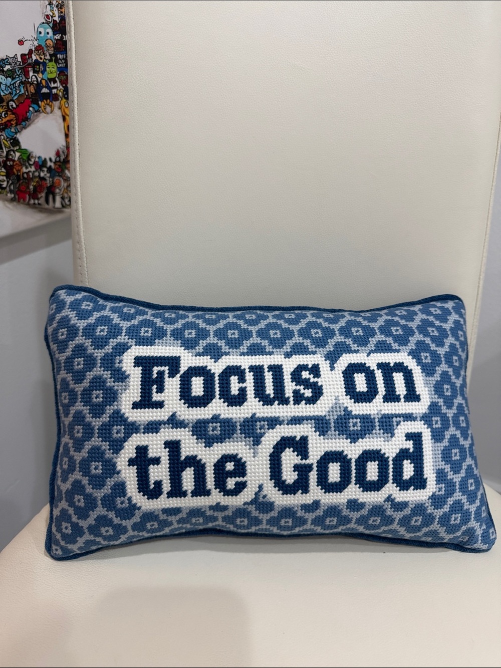 cupcakes & cashmere Blue and White 'Focus on the Good' Accent Pillow